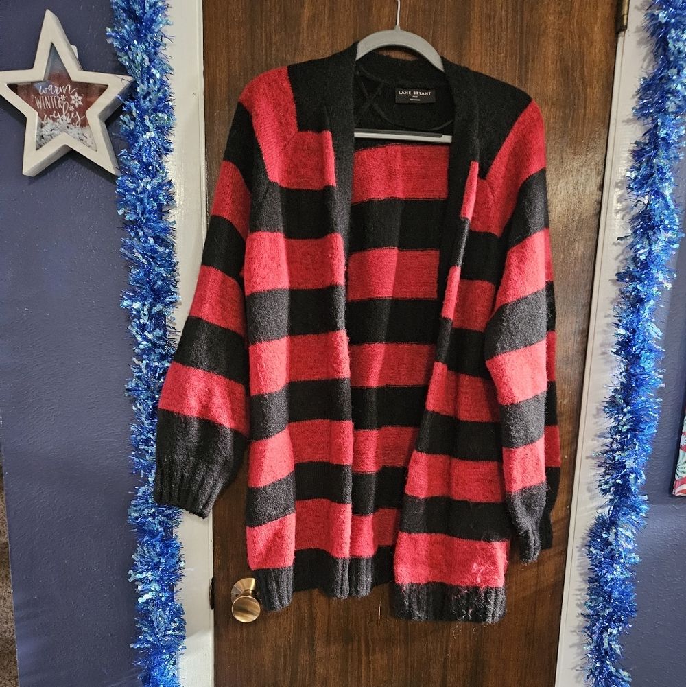 Lane Bryant Red and Black Striped Cardigan